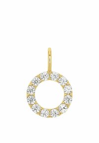 Colgante circular de oro con un borde de cristales transparentes redondos, centro abierto, acabado pulido y un pequeño lazo para sujeción.