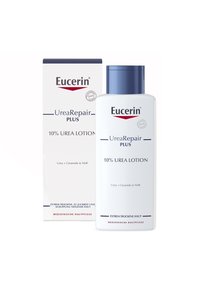 Eucerin UreaRepair Plus 10% Urea Lotion, white plastic bottle with blue cap, labeled with product details, beside its white box.