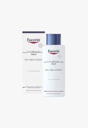 Eucerin UreaRepair Plus 10% Urea Lotion, white plastic bottle with blue cap, labeled with product details, beside its white box.