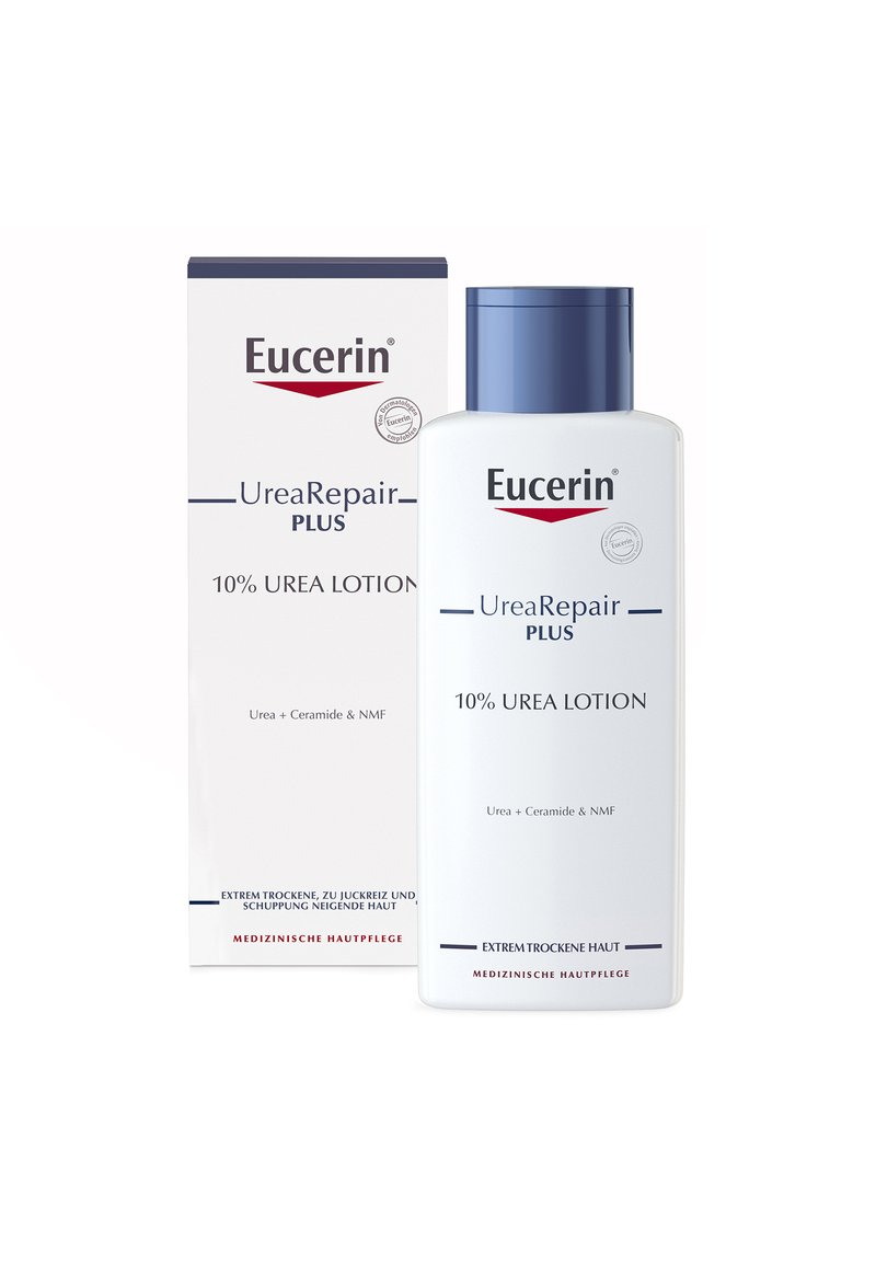 Eucerin UreaRepair Plus 10% Urea Lotion, white plastic bottle with blue cap, labeled with product details, beside its white box.