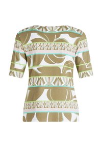 Short-sleeve t-shirt featuring a patterned design in green, white, and pastel hues. Material appears smooth with a fitted shape.