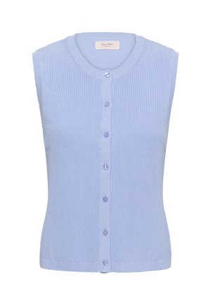 Varrukateta hele sinine kudumiskaart, ümar kaelus ja seitse eesmist nuppu, eksponeeritud lihtsal valgel taustal.