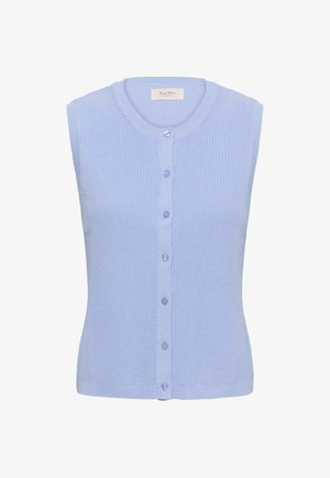 Varrukateta hele sinine kudumiskaart, ümar kaelus ja seitse eesmist nuppu, eksponeeritud lihtsal valgel taustal.