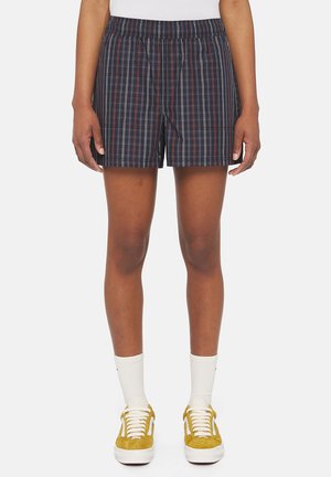 Marine geruite shorts met een elastische tailleband, voorzien van rode en witte strepen. Lichtgewicht stof, knie-lengte met zijzakken.