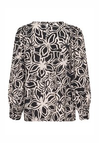 Lässige Bluse mit einem schwarzen und cremefarbenen Blumenmuster. Mit langen puffartigen Ärmeln und einem Knopfverschluss auf der Rückseite. Strukturierter Stoff.