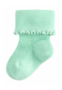 Calcetín de bebé verde menta suave con puño doblado y pequeño borde de volantes, textura de punto, diseñado para uso infantil.