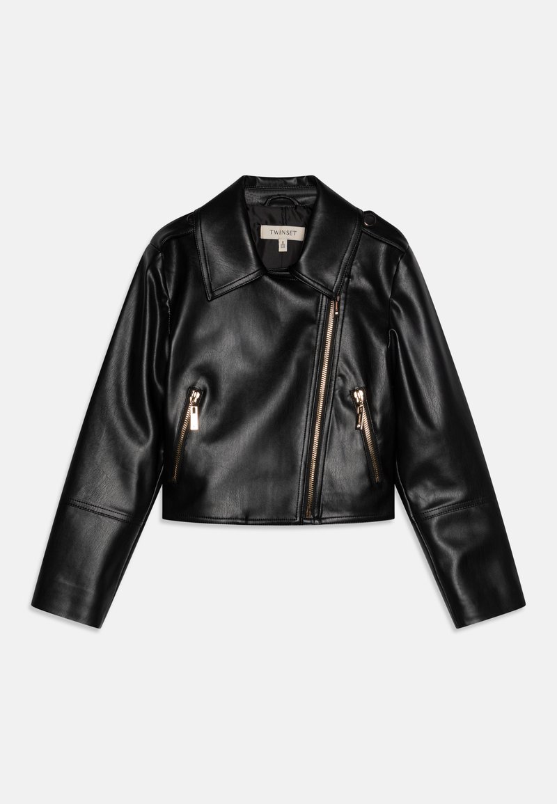 Black cropped leather jacket with a wide collar, diagonal front zipper, and two zippered pockets. Features gold-tone hardware and accent stitching.