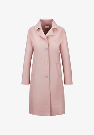 Helle rosa Jacke aus strukturiertem Stoff, mit Reverskragen, langen Ärmeln und drei Knöpfen. Zwei seitliche Taschen sind enthalten.