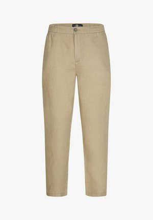 Helle beige Leinenhosen mit lockerer Passform, elastischem Bund und vorderem Knopfverschluss. Sie haben gerade Beine und eine minimale Textur.