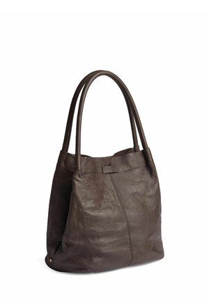 Sac cabas en cuir marron foncé avec deux poignées arrondies et des détails de couture subtils sur fond blanc.