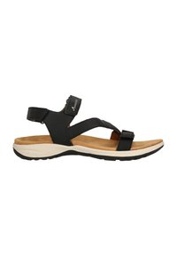 Sort sandal med justerbare stropper, der har en polstret sål og en lysfarvet bund med tekstureret greb. Sidevisning.