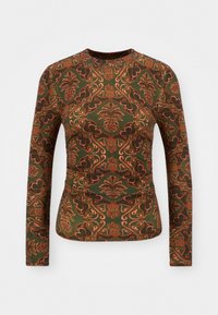 Langshemd in groene stof met een bloem- en paisleypatroon in tinten oranje en bruin. Ronde hals, aansluitend ontwerp.