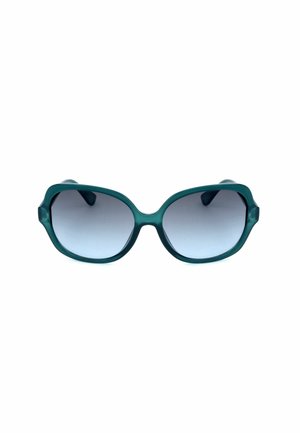 Occhiali da sole verdi oversize con montatura quadrata spessa e lenti scure sfumate su sfondo bianco.