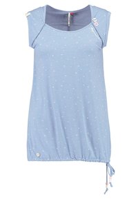 Ljusblå ärmlös topp i mjukt tyg med små färgglada hjärt- och stjärnmönster; har dragsko i nederkanten och dekorativa knappar.