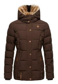 Chaqueta acolchada marrón con capucha forrada de piel, cierres de botón a presión y cremallera, bolsillos laterales y patrón acolchado. Incluye detalles de marca sutiles.