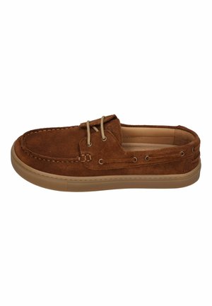 Brown suede slip-on boat shoe with tan laces, visible stitching, and a light brown rubber sole, viewed from the side.