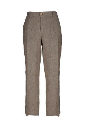 Hellbraune Leinenhose mit geradem Bein, Fronttaschen und einem einzigen Knopfverschluss am Bund. Texturiertes Material.