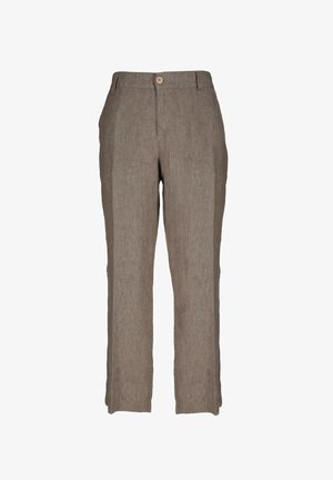 Light brown linen trousers with a straight leg design, front pockets, and a single button closure at the waistband. Textured fabric.