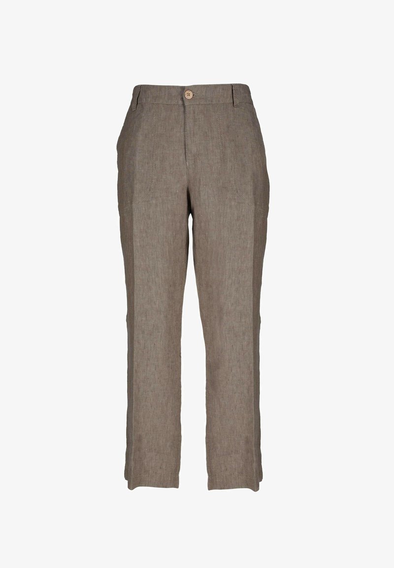 Hellbraune Leinenhose mit geradem Bein, Fronttaschen und einem einzigen Knopfverschluss am Bund. Texturiertes Material.