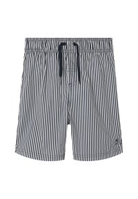 Miesten uimahousut, joissa on tummansinisiä ja valkoisia pystysuoria raitoja. Housuissa on joustava vyötärö, jossa on nauha, sekä sivutasku.