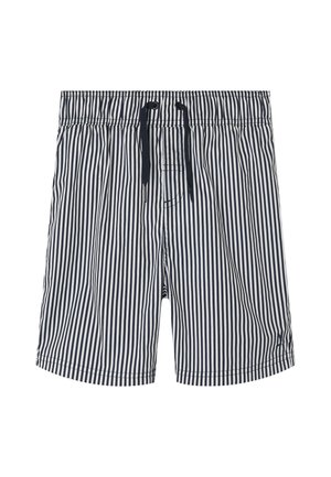 Costumi da bagno da uomo a righe verticali blu navy e bianche, con vita elasticizzata, cordino e tasca laterale.