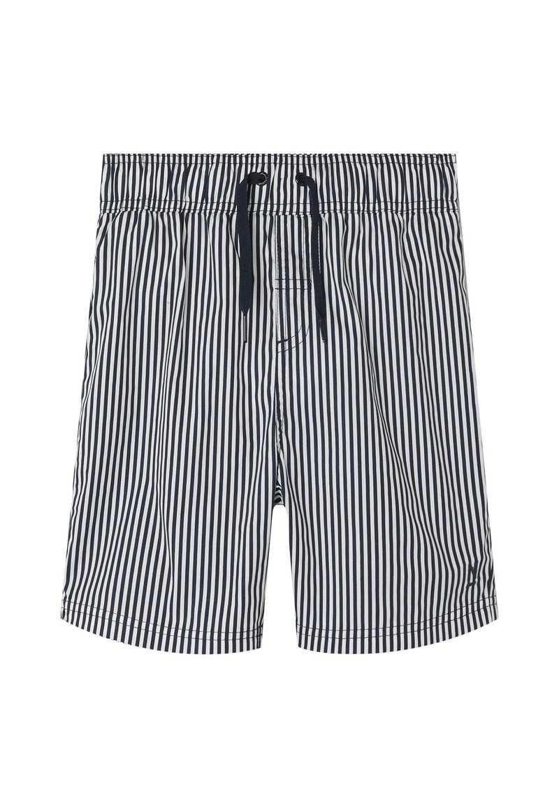 Miesten uimahousut, joissa on tummansinisiä ja valkoisia pystysuoria raitoja. Housuissa on joustava vyötärö, jossa on nauha, sekä sivutasku.