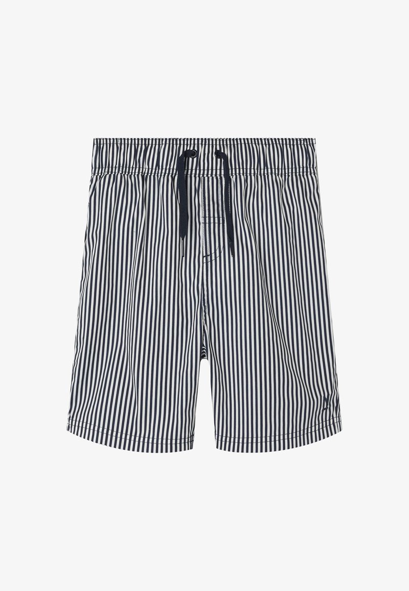 Heren zwembroek in marineblauw met witte verticale strepen, voorzien van een elastische tailleband met koord en een zijzak.