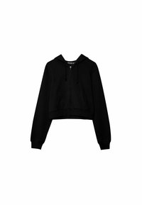 Haut cropped noir avec fermeture éclair à l'avant, capuche avec cordon de serrage et deux poches avant. Fabriqué en tissu doux avec des poignets et un ourlet côtelés.