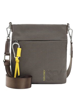 Brown woven fabric crossbody bag with adjustable brown strap, front pocket, yellow detail, and silver hardware. Includes a keychain clip.