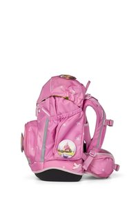 Pink backpack with star patterns, multiple compartments, adjustable straps, and a badge featuring a castle on the front.
