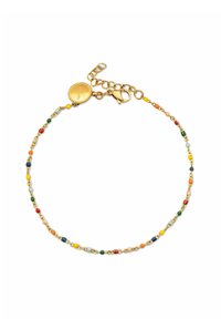 Bracciale colorato in perline con chiusura in tono oro. Presenta perline piccole e alternate in vari colori e dimensioni, aggiungendo un dettaglio giocoso.