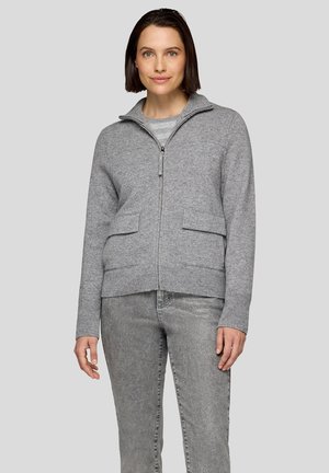 Gray zip-up sweater with a high collar, two front pockets, and ribbed cuffs and hem. Made from a soft, textured material.