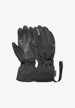 Black waterproof gloves with leather palms, elastic wrists, and adjustable strap. Features quilted and smooth textures, designed for cold weather.