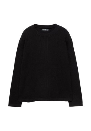 Black long-sleeve knitted sweater with a round neck and ribbed cuffs, displayed flat on a white background.