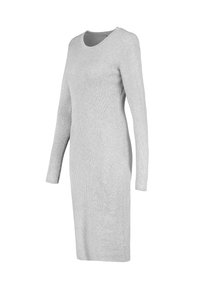 Hellgraues, langärmeliges, geripptes Strickkleid mit rundem Ausschnitt und gerader, midilanger Silhouette.