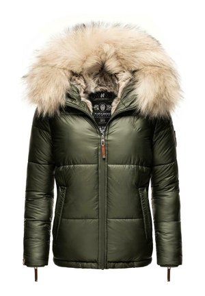 Olive roheline puff jacket koos karvase kapuutsiga, lukuga kinnitatav ja vooderdatud detailidega. Omab küljetaskuid ja nahkstikku.