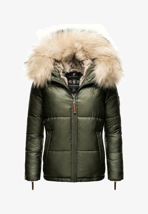Jachetă puffer verde oliv cu glugă căptușită cu blană, închidere cu fermoar și detalii căptușite. Are buzunare laterale și accente din piele.