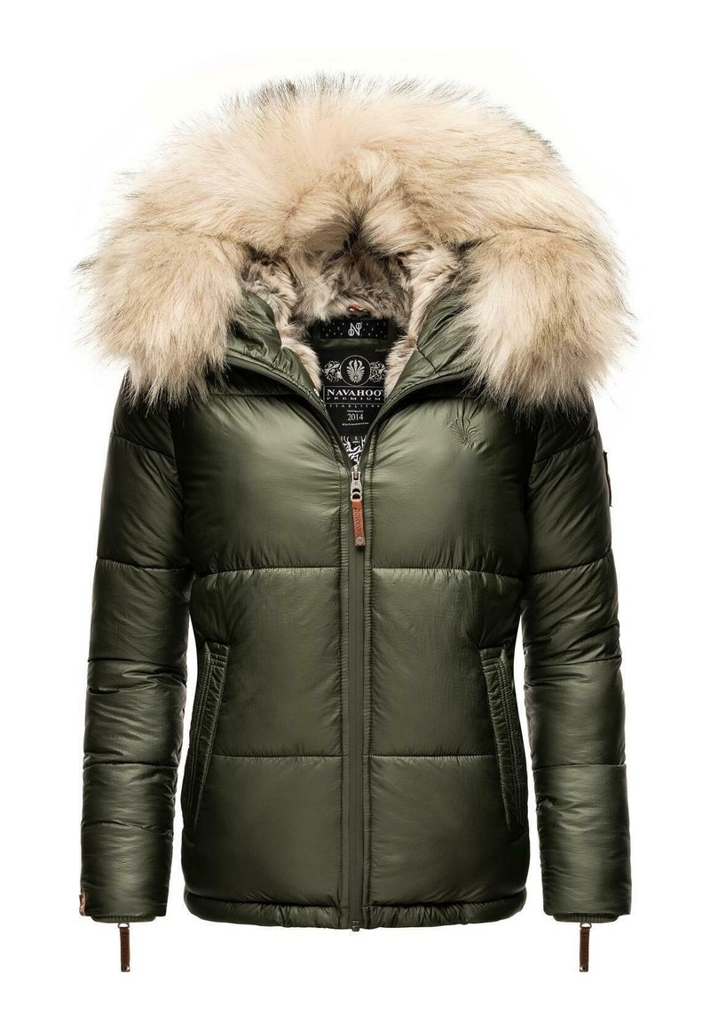Olive green puffer jacket with fur-lined hood, zip closure, and padded detailing. Features side pockets and leather accents.