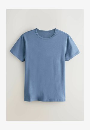 T-shirt à col rond et manches courtes en coton bleu doux. Présente une texture lisse avec une coupe décontractée, sans motifs ni accents visibles.