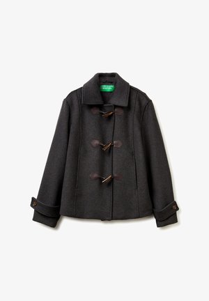 Donkergrijze wollen jas met togglesluiting, knoopmanchetten, brede kraag en groen 'United Colors of Benetton' label aan de binnenkant van de kraag.
