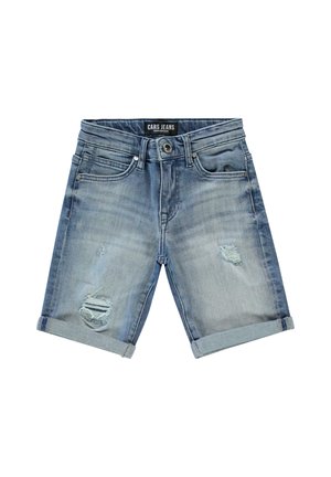 Lichte blauwe denim shorts met een vervaagd uiterlijk, voorzien van beschadigde gebieden en opgerolde mouwen. Standaard vijf-pocket ontwerp. Merklabel zichtbaar.