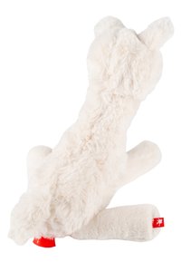 White plush toy with soft, fuzzy texture; features upright ears, a rounded body, and a red tag at the base.