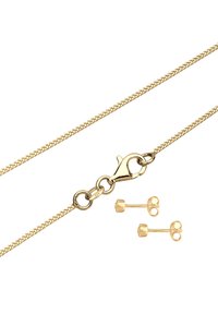Goldfarbener Kettenanhänger mit strukturiertem Oberflächenfinish und einem Karabinerverschluss. Enthält passende goldene Steckerohrringe mit einem schlichten Design.