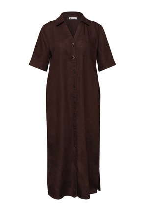 Hnědé midi šaty se zapínáním na knoflíky, krátkým rukávem, límečkem, náprsním kapsou, rovým střihem a postranními rozparky na lemu.