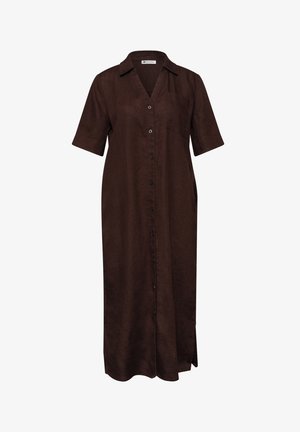 Vestito midi marrone a maniche corte con bottoni, colletto e taschino sul petto, taglio dritto e spacchi laterali all'orlo.