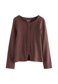 Cardigan marron côtelé à manches longues avec un col rond, des boutons sur le devant et un design fendu en bas. Texture de tissu doux.