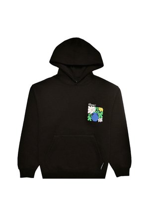 Black hoodie with a front pouch pocket, featuring a colorful floral design on the left chest area. Made from soft material.