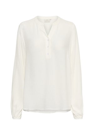 Bluză albă cu mânecă lungă dintr-un material ușor, cu un model texturat, având închidere cu nasturi și manșete plisate.