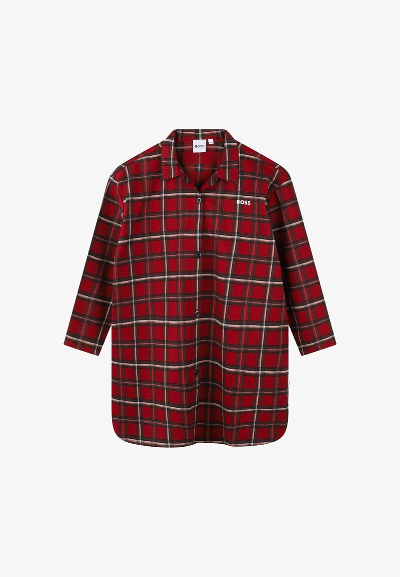 Chemise à carreaux rouges à manches longues, avec des rayures noires et blanches, un col et un petit logo blanc sur la poitrine.