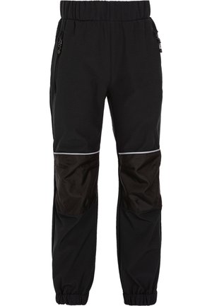 Pantalon noir à taille élastique avec poches latérales zippées, renforts aux genoux, bandes réfléchissantes au-dessus des genoux et poignets élastiques aux chevilles.